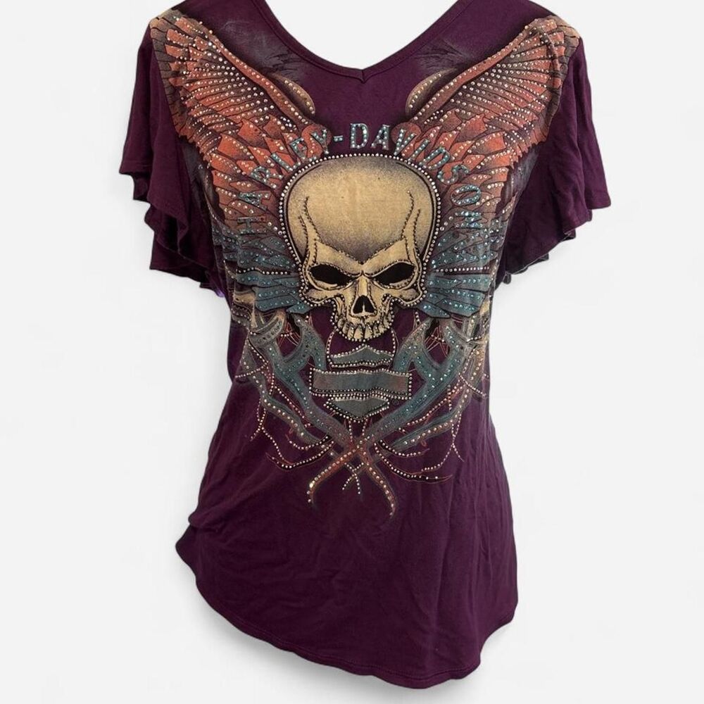 Harley Davidson Women's Purple Fall 3/4 Baseball T-shirt Bling L